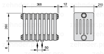 Схема (чертеж) Радиатор Zehnder Charleston 6026/8 №3470 Белый глянцевый RAL 9016